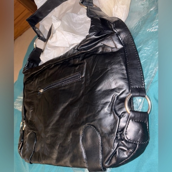 New Black, leather gold buckle ring hardware Harley Davidson inspired hobo bag - Picture 2 of 11